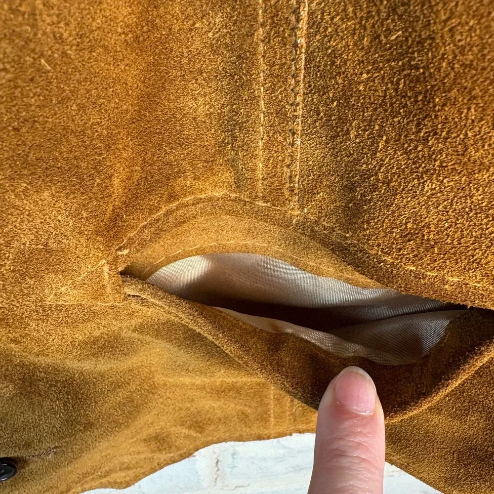 Vintage 70s Sears Leather Shop Suede Western Vest Tan Brown Satin Lined Size 44T